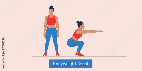 Bodyweight squat exercise by woman in 20s demonstrating proper workout form