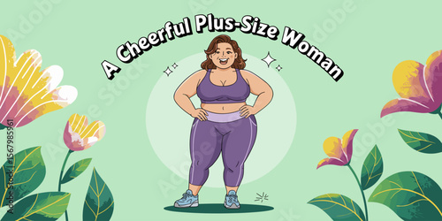 Cheerful plus size woman in sportswear: fitness, healthy, workout, active, illustration