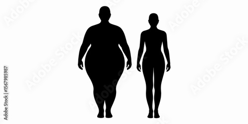 Obese overweight vs slim fit women black silhouette comparison, weight loss concept