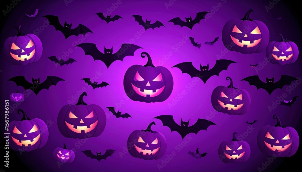 Fototapeta premium Spooky Halloween seamless vector background with pumpkins, bats, and a dark autumn night illustration perfect for October holiday celebrations