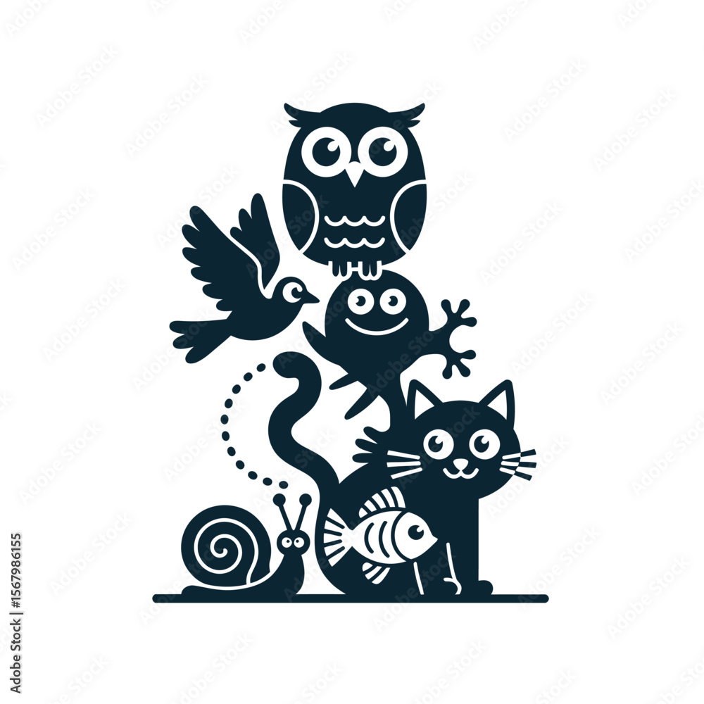 Fototapeta premium Whimsical Animal Tower Composition bird frog