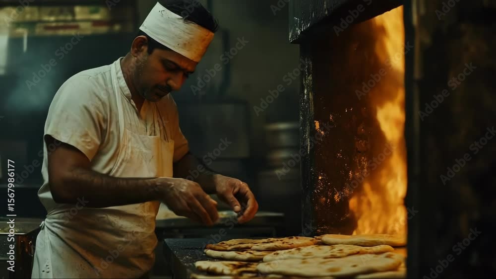 Chef baking flatbread in traditional hot oven, food preparation