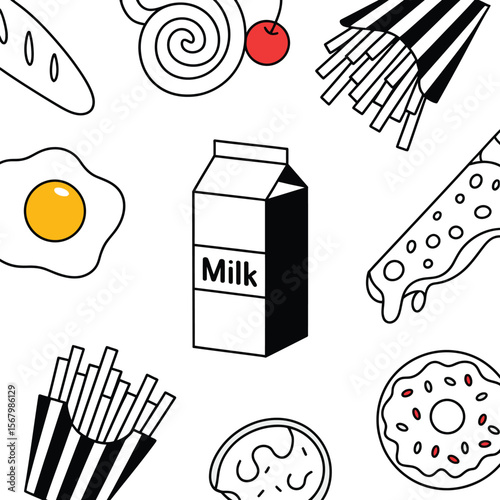 Food illustration breakfast lunch dinner snack milk egg bread donut cherry fries pizza vector art