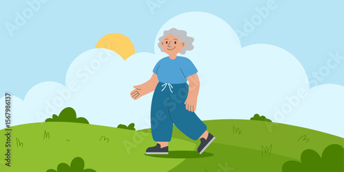 Senior woman walking outdoors in nature, active lifestyle, elderly exercise, healthy, one person