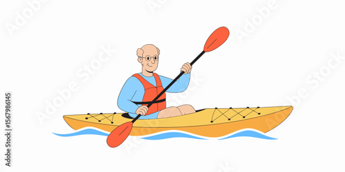 Senior man kayaking, paddling kayak, active lifestyle, exercise, adventure, water sport