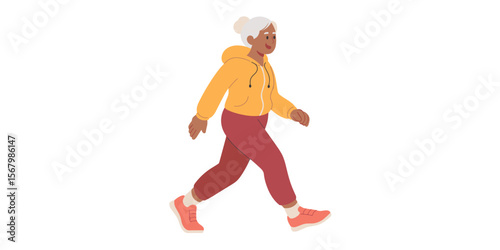 Senior woman walking, exercising. Active lifestyle, fitness, workout, healthy. Vector illustration.