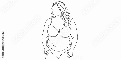 One plus size woman in underwear: body positive, confidence, beauty, curvy, line art