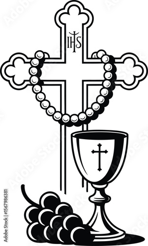 Christian eucharist communion cross rosary and grapes vector illustration graphic design element