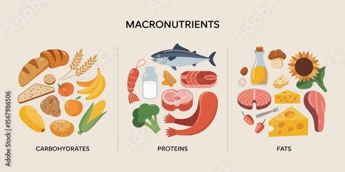 Macronutrients illustration: carbohydrates, proteins, fats food sources vector