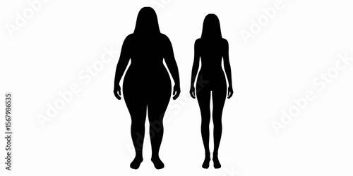 Two women silhouettes, body image concept, slim and plus size, black on white