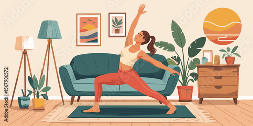 Woman yoga practice home interior, one person, healthy lifestyle, vector illustration