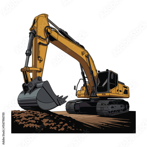  "Vector Illustration of a Yellow Excavator Digging Earth – Heavy Construction Equipment Design"