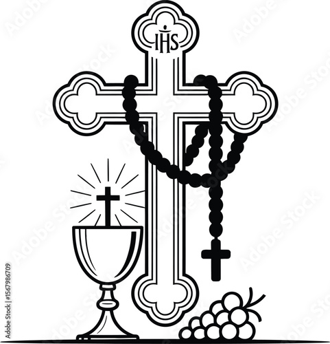 Christian cross chalice rosary beads grapes vector illustration religious symbol communion eucharist design