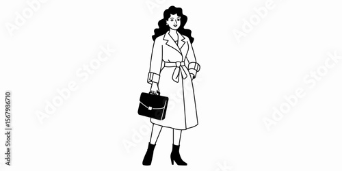 Businesswoman illustration in trench coat holding briefcase. Woman, business, coat, illustration