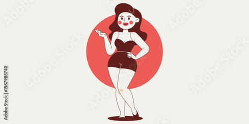 Vector illustration of plus size woman in vintage swimsuit and retro hairstyle