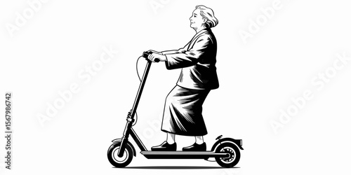 Senior woman riding scooter, older adult lifestyle, active senior, vector illustration