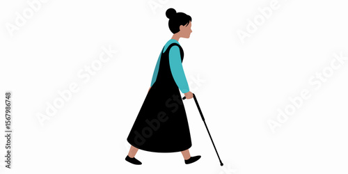 Senior woman walking with cane, one person, elderly exercise, active lifestyle, illustration, vector