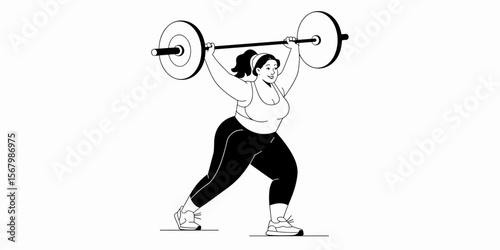Plus-size woman lifting barbell, weightlifting workout in gym, healthy lifestyle, body positive