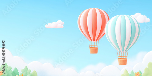 Colorful hot air balloons flying in blue sky