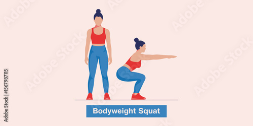 Woman doing bodyweight squat exercise illustration. Fitness, exercise, workout.