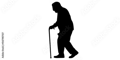 Senior man with cane walking, elderly health, retirement lifestyle, silhouette
