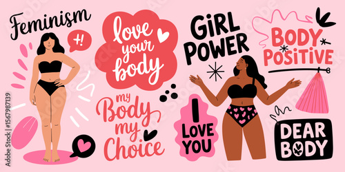 Body positivity vector illustration with confident women and feminist slogans.
