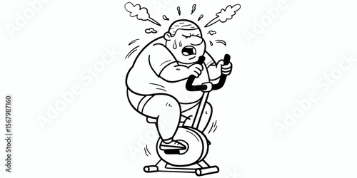 Sweaty overweight man exercising hard on stationary bike in black and white illustration