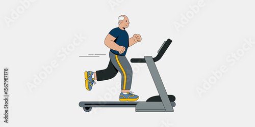 Senior man exercising on treadmill, fitness workout vector illustration