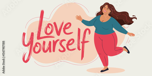 Happy plus size woman smiling, love yourself, body positivity, one person, lifestyle, vector