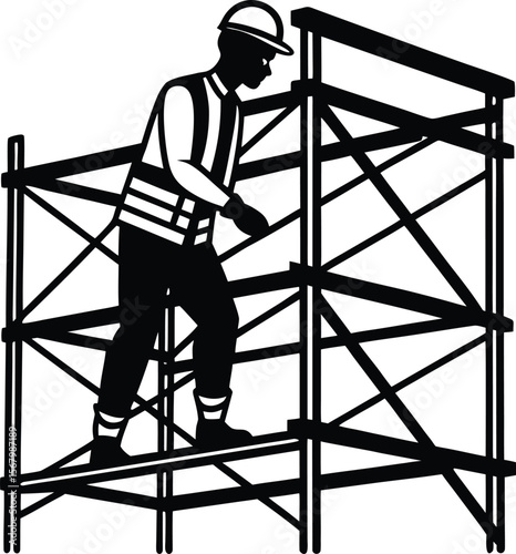 Silhouette of a construction worker on a ladder, a person in business working with steel equipment, strength, outdoor, environment, industry worker
