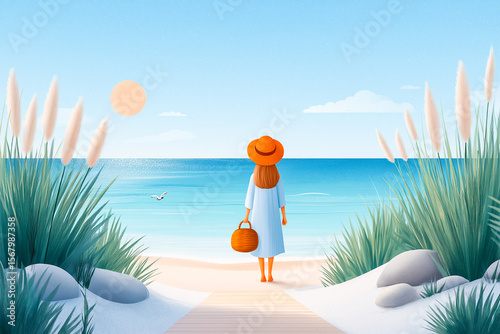 Bright and colorful illustration of a girl enjoying a sunny day on the beach