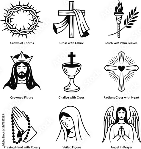 Christian symbols vector set religious design elements crown cross chalice angel praying faith 100