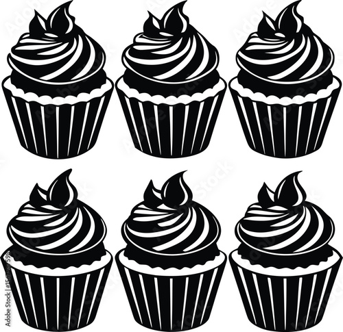 A delicious set of cartoon cupcakes and cakes with sweet cream and cherry illustrations, perfect for a birthday party celebration, snack des sert, lovely, ornament, cheerful