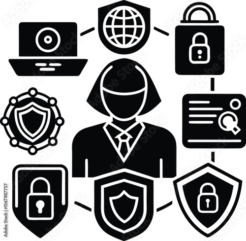 Security concept vector illustration with a set of black security icons for web, internet, business, and technology, cloud, hacker, identity, alert, symbol, cybercrime, safe