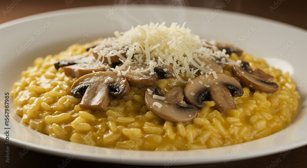 A plate of risotto with mushrooms and grated parmesan. A plate of risotto with mushrooms and grated parmesan.