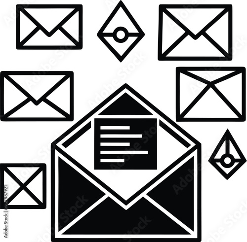 A diverse set of mail and email icons, envelopes, and web symbols for communication, exchange, idea, data, transfer, connection