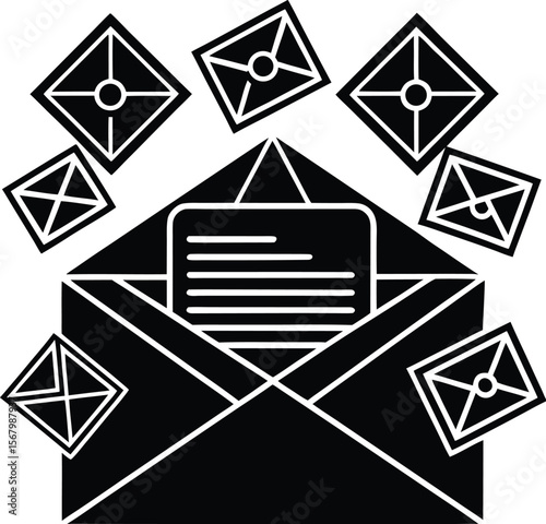 Black and white mail icon set on an abstract geometric background with an envelope symbol , abstract art, technology, mailman, email box, shape art, stylized
