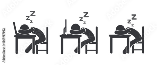 Bundle set icon person sleeping in classrooms or workplace, symbolizing fatigue, lack of focus, or inappropriate behavior