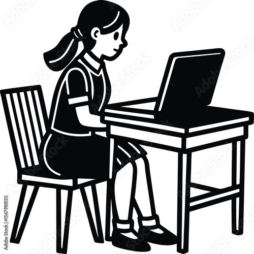 Woman sitting on a chair with a laptop at a desk, working in an office, technology device, casualwear, task, busy, female professional, 