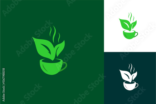 a glass and tea leaves logo icon vector