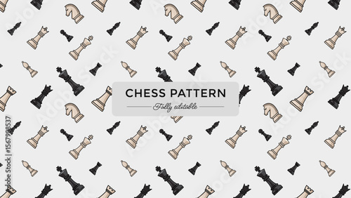 Seamless Chessboard Pattern Featuring Black and White Chess Pieces