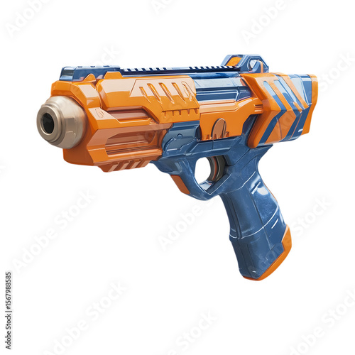 Futuristic orange and blue toy blaster gun isolated on transparent background