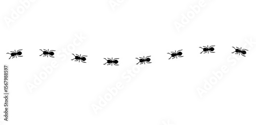 Silhouettes of ants marching in neat lines, showcasing teamwork and organization, Ant Trail Illustration - Black Line Ants Design