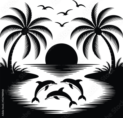 Dolphins sunset palm trees beach vector illustration tropical ocean scene silhouette vacation design