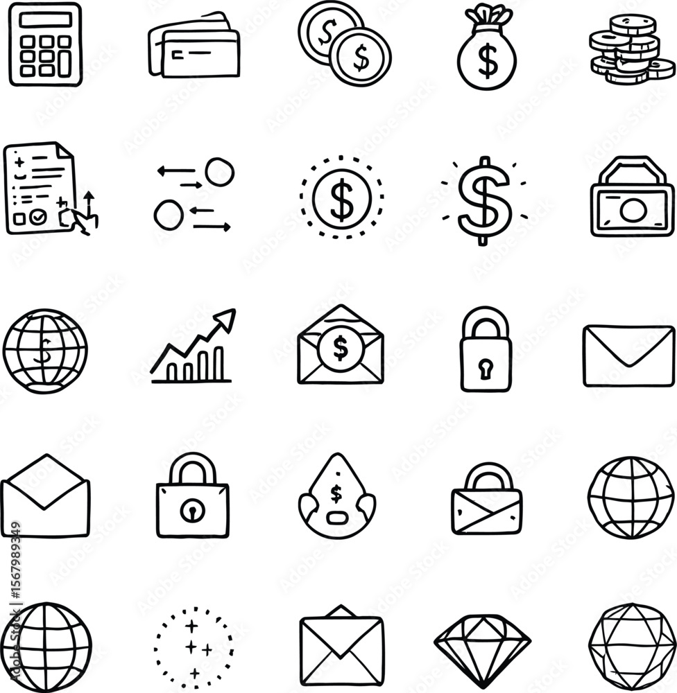 Fototapeta premium Finance business doodle icons set vector illustration calculator money wallet growth symbols