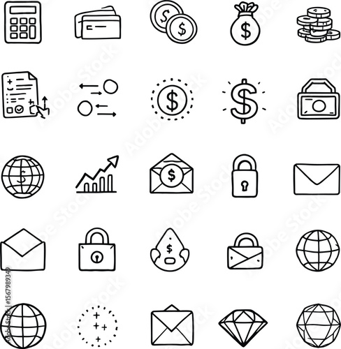Finance business doodle icons set vector illustration calculator money wallet growth symbols
