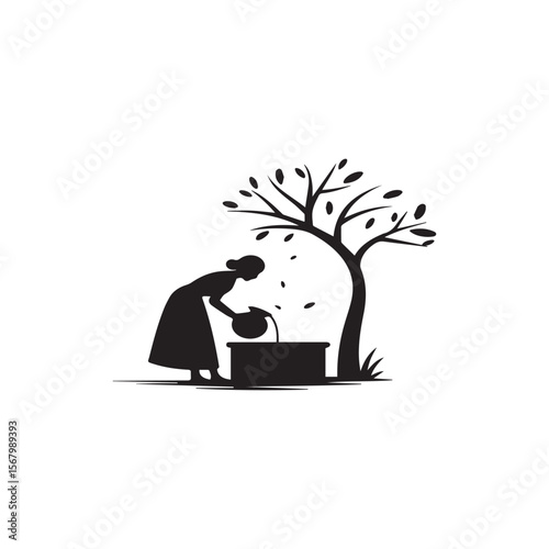 Vector illustration of people, a man and a woman, with a tree silhouette, an icon of love and business