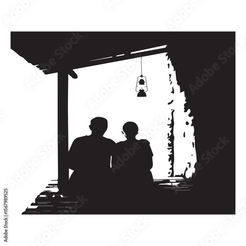 A loving family silhouette, father and son at the window, or a couple on the beach vector illustration