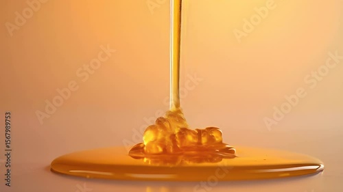 Golden Honey Pour: A macro shot of thick, viscous honey dripping in a steady stream and pooling on a smooth surface. Sweet, sticky liquid gold on a warm, clean background.