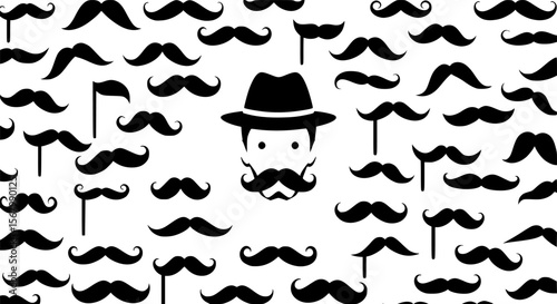 Detective with Mustache and Hat Surrounded by Many Mustaches
